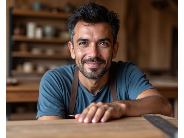 Portrait of Mateo Rodriguez, a finishing expert, meticulously polishing a wooden surface.